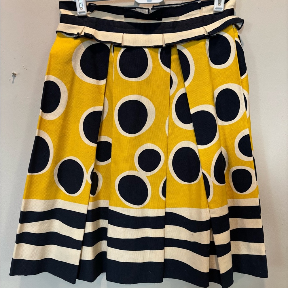 Anna Sui Yellow and Navy Pleated Polka Dot Skirt